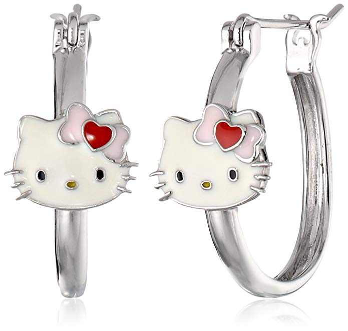 Hello Kitty Sterling Silver Heart Bow Enamel Station Hoop Earrings