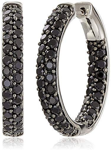 Sterling Silver Black Spinel Round Hoop Earrings, 1