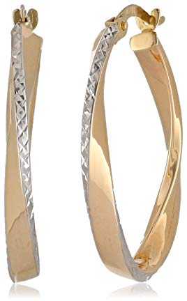 14k Gold Two-Tone High Polished Diamond-Cut Semi-Oval Hoop Earrings