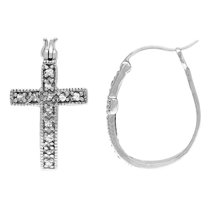 JewelExclusive Sterling Silver 1/4cttw Natural Round-Cut Diamond (J-K Color, I2-I3 Clarity) Cross Click Top Hoop Earring