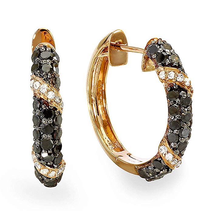 1.00 Carat (ctw) Plated 18k Rose Gold Sterling Silver Ladies Black & White Diamond Hoop Earrings 1 CT