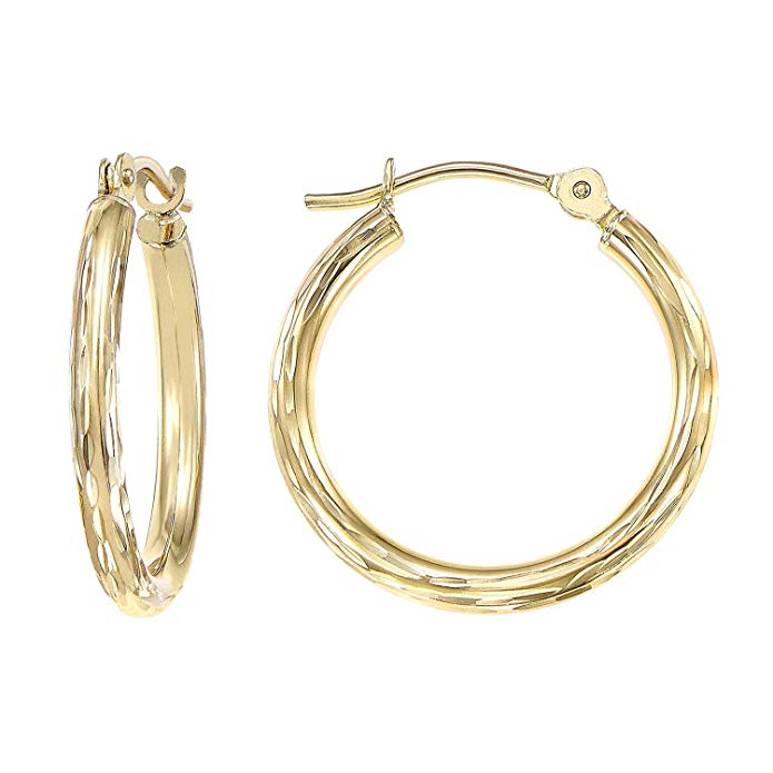 14k Gold Hand Engraved Full Diamond-cut Round Hoop Earrings-18mm Diameter (yellow-gold)