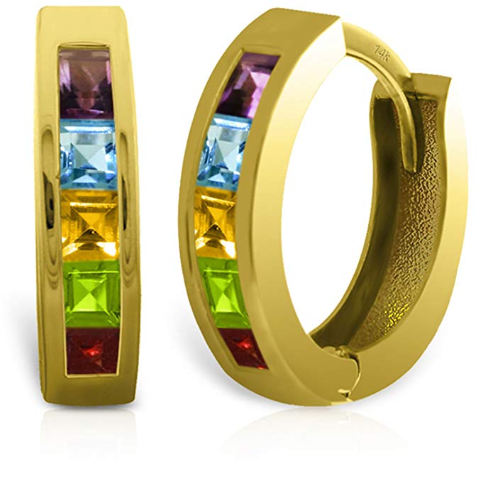 1 Carat 14K Solid Gold Hoop Huggie Earrings Multi Gemstones