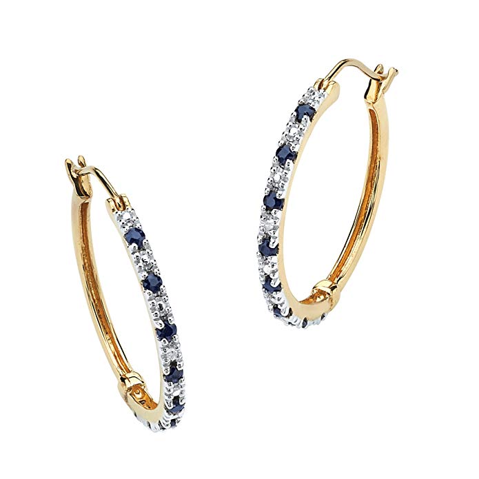 18K Gold over Sterling Silver Hoop Earrings (27mm) Genuine Blue Sapphire and Diamond Accent