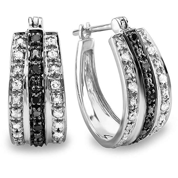 0.33 Carat (ctw) Sterling Silver Black & White Round Diamond Ladies Hoop Earrings 1/3 CT