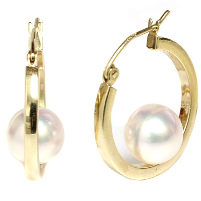 14k Yellow Gold Cultured Saltwater Akoya Pearl Dangle Hoop earrings - AAA and AAA Flawless