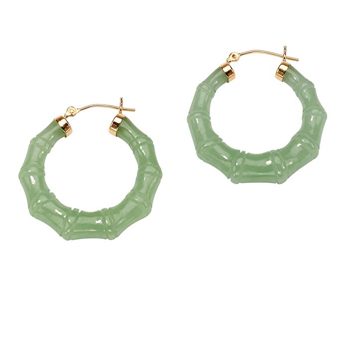 Genuine Green Jade 14k Yellow Gold Bamboo-Style Hoop Earrings (30mm)