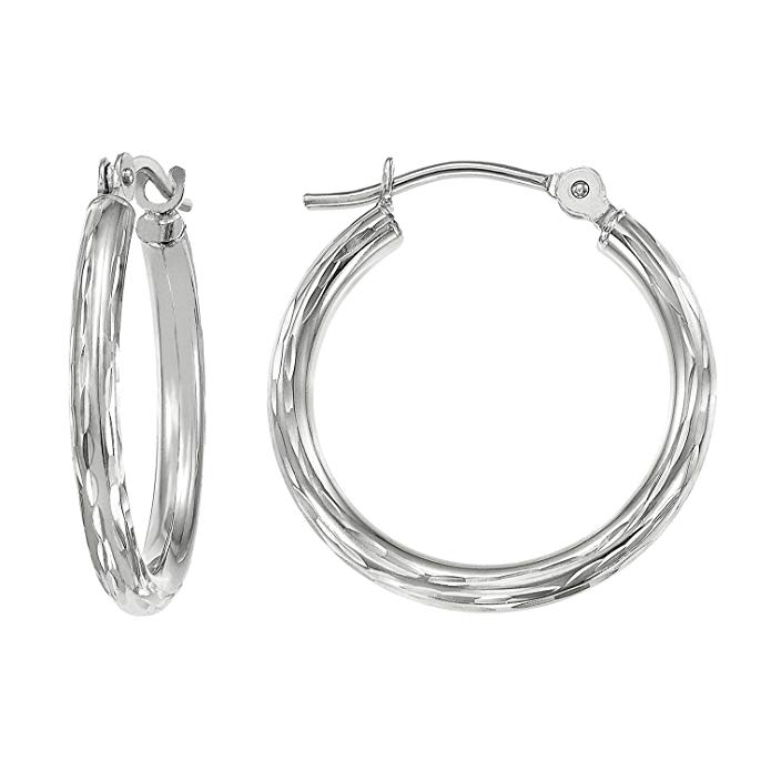 14k Gold Hand Engraved Full Diamond-cut Round Hoop Earrings-18mm Diameter (white-gold)