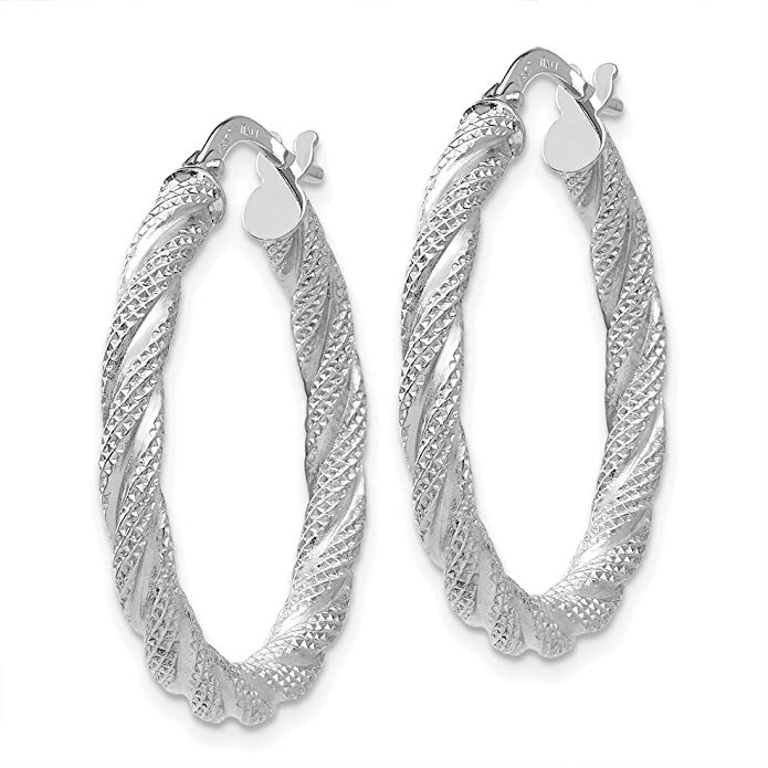 14K White Gold Twisted Textured Hoop Earrings (1IN Long)