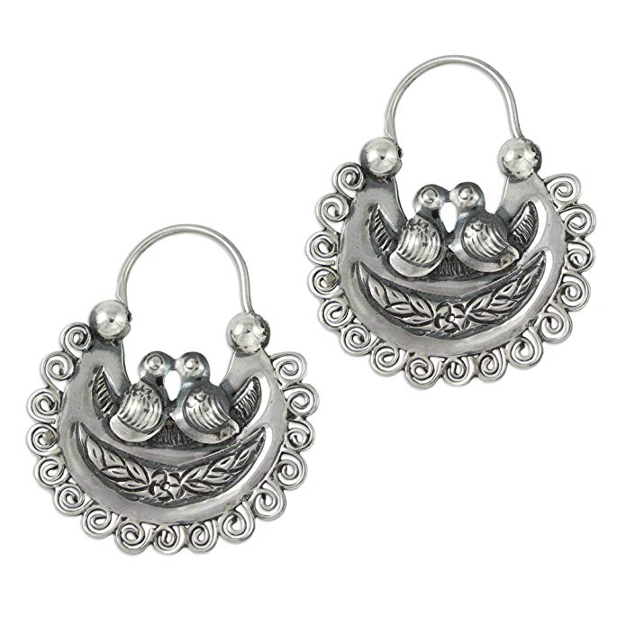 NOVICA .925 Sterling Silver Hoop Earrings 'Mazahua Lovebirds'