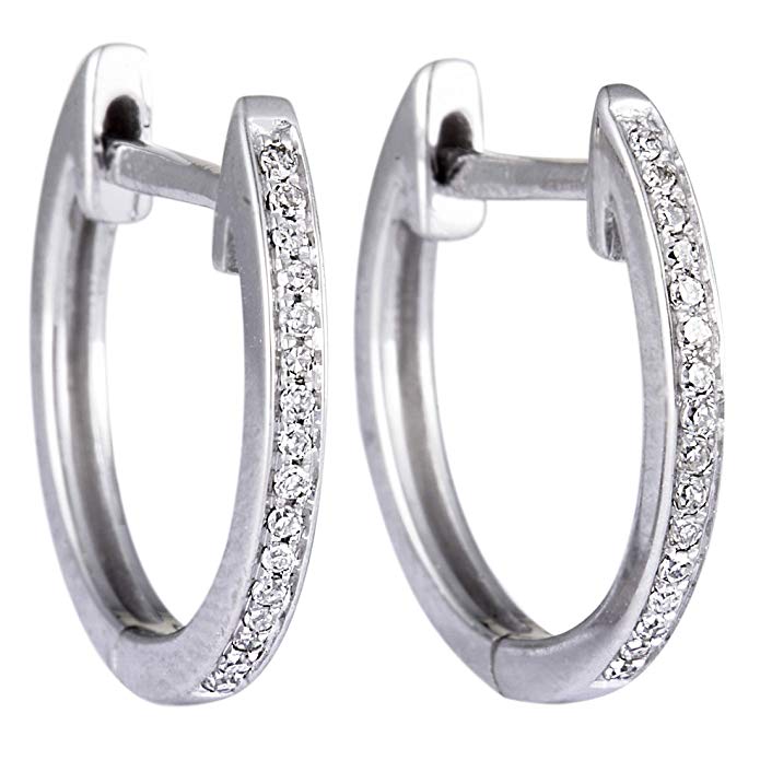 White Diamond Hoop Earrings in 14K White Gold; 0.10 Carats of Sparkling White Diamonds (G color SI1-SI2 clarity)