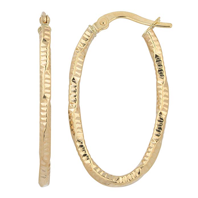 14k Yellow Gold 2mm Diamond-Cut Oval Hoop Earrings