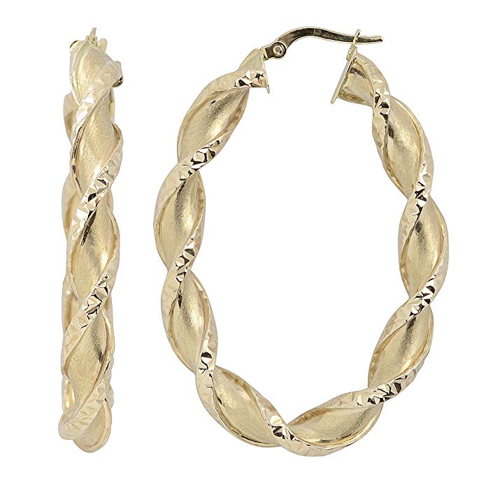 14k Yellow Gold Satin and Diamond-cut Finished Twisted Bold Oval Hoop Earrings