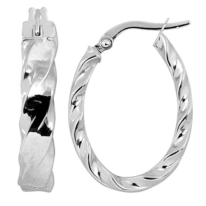 10k White Gold Twist Design Oval Hoop Earrings