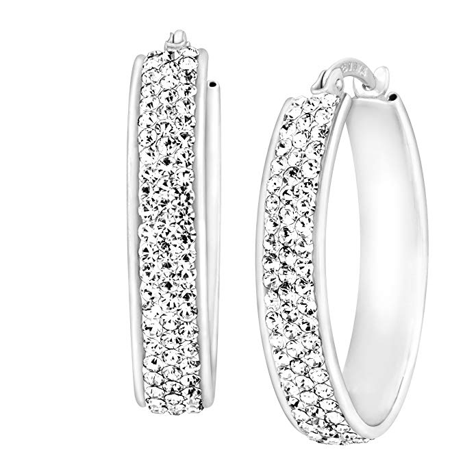 Crystaluxe Oval Hoop Earrings with Swarovski Crystals in 14K White Gold-Bonded Sterling Silver