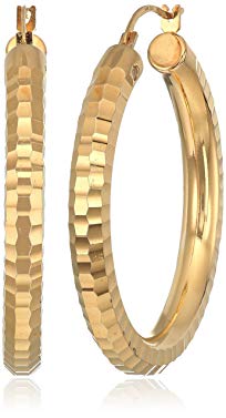 14K Yellow Gold Nano Diamond Resin Diamond Cut Hoop Earrings