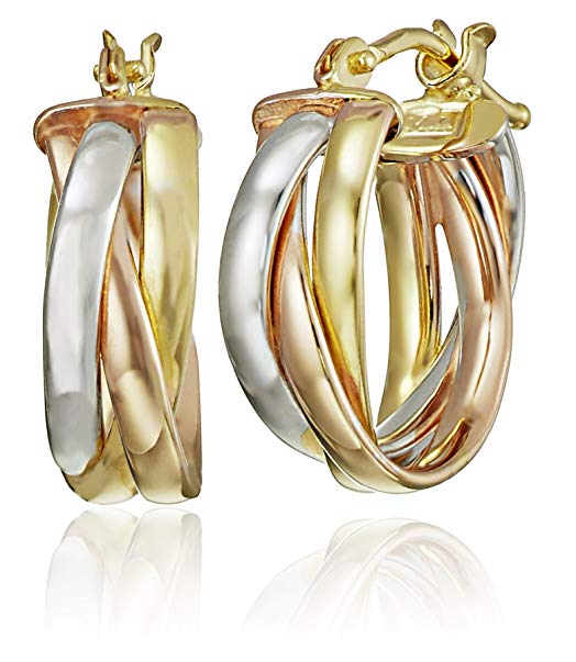 14k Gold Italian Tri-Color Round Woven Tube Hoop Earrings