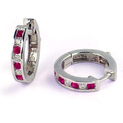 1/2 Carat Channel Set Diamond & Ruby Earrings in White Gold (with Safety Lock)