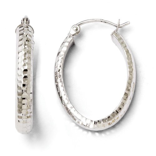 10k White Gold Polished & Diamond-cut Oval Hinged Hoop Earrings 3.6mm x 23mm