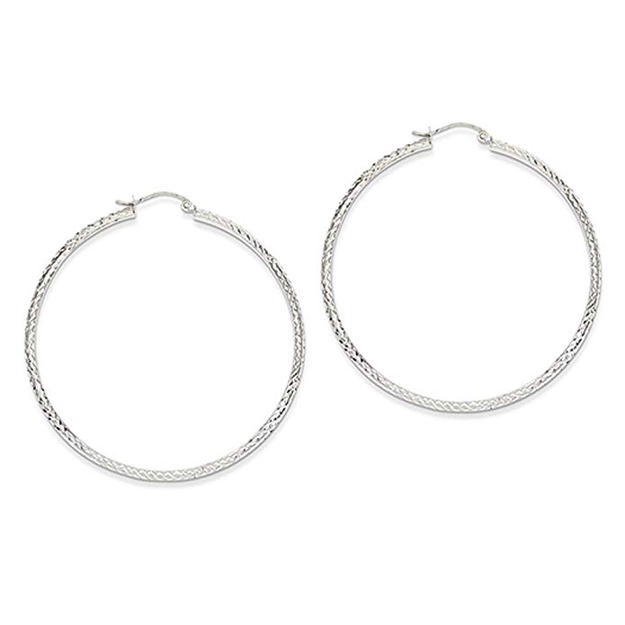 3.5mm, Diamond Cut 14k White Gold Round Hoop Earrings, 52mm (2 Inch)