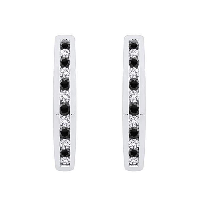 Channel Set Black and White Diamond Huggie Earrings in Gold or Sterling Silver (1/4 cttw) (Color H, Clarity I4)