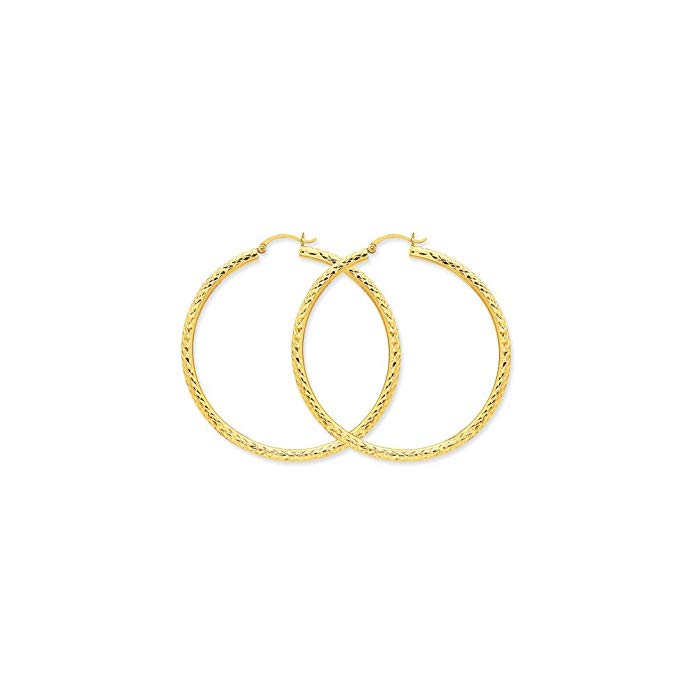 10k Yellow Gold D/C 3mm Round Hoop Earrings (2IN Long)