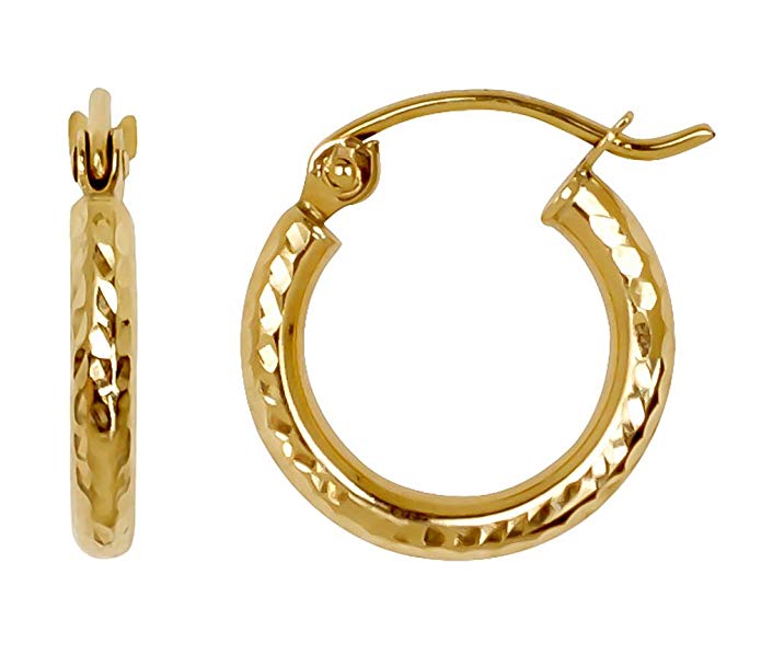 14K Yellow Gold Diamond Cut Tube Hoop Earrings, (2mm Tube)