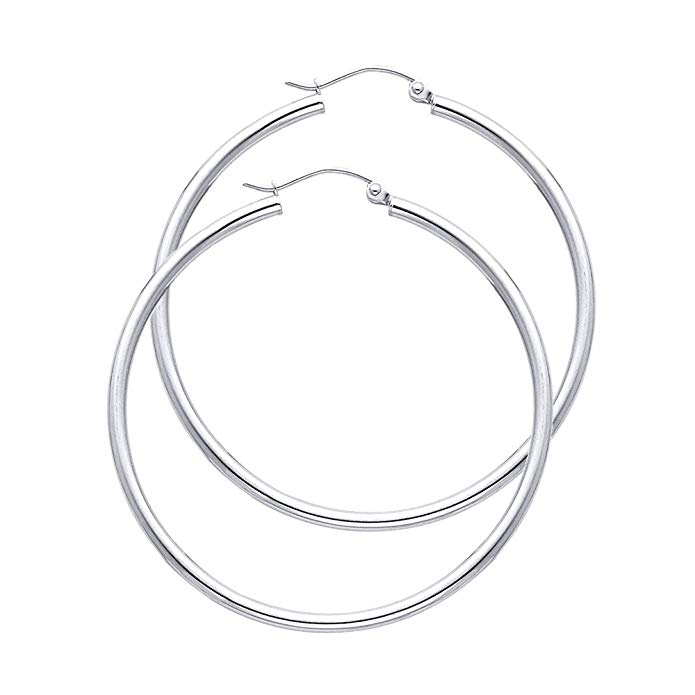 14k REAL White Gold 2mm Thickness Hinged Hoop Earrings - 10 Different Size Available