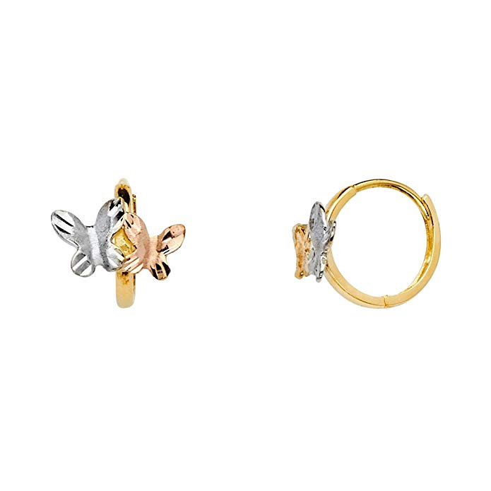 14k Tri Color Gold Butterfly Huggie Hoop Earrings