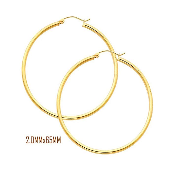 14K Yellow Gold 65 mm in Diameter Classic Hoop Earrings with 2.0 mm in Thickness and Snap Post Closure