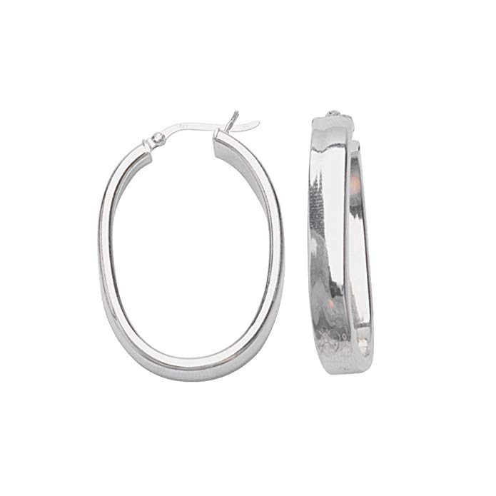 Sterling Silver Oval Polished Rhodium Hoop Earrings