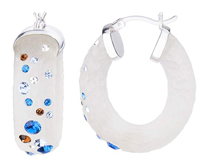 Handcrafted White Lucite 34mm Click Top Oval Hoop Earrings with Colorful Confetti Crystals