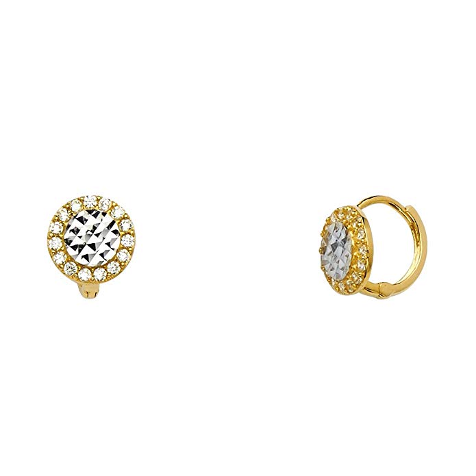 14k Two Tone Gold CZ Huggie Hoop Earrings