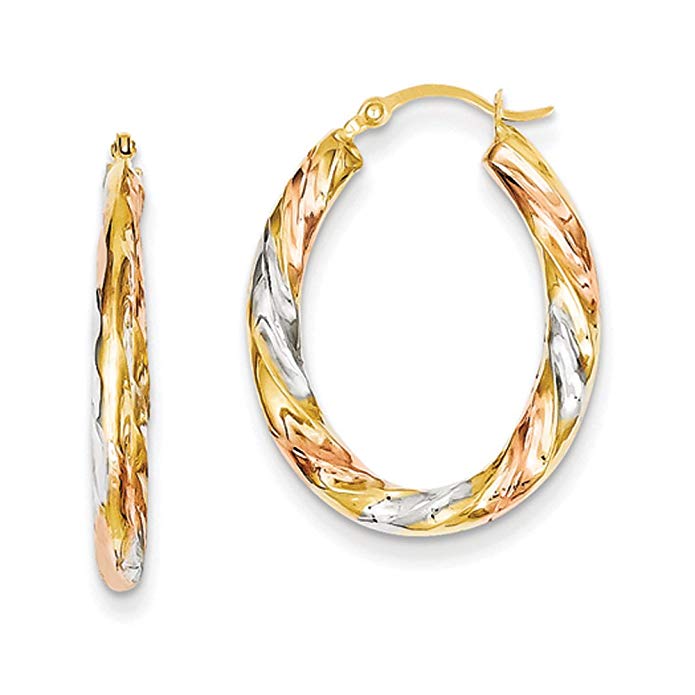 3-Color Hollow Oval Hoops in 14k Yellow Gold w/ White and Rose Rhodium