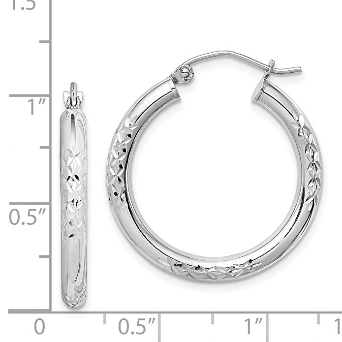 10K White Gold D/C 3mm Hoop Earrings (1IN Diameter)