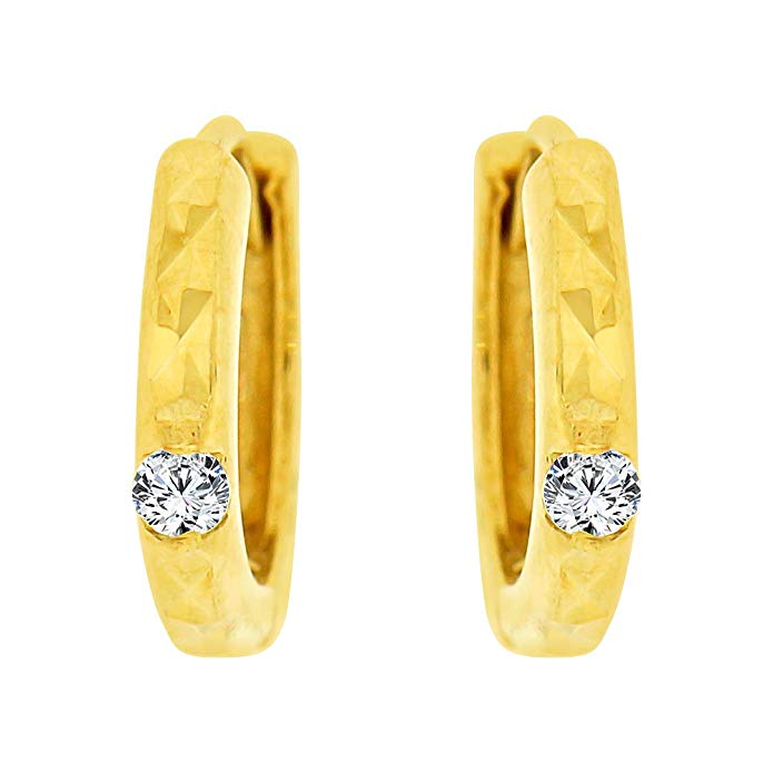 14k Yellow Gold, Mini Hoop Huggies Stud Earring Created CZ Crystals