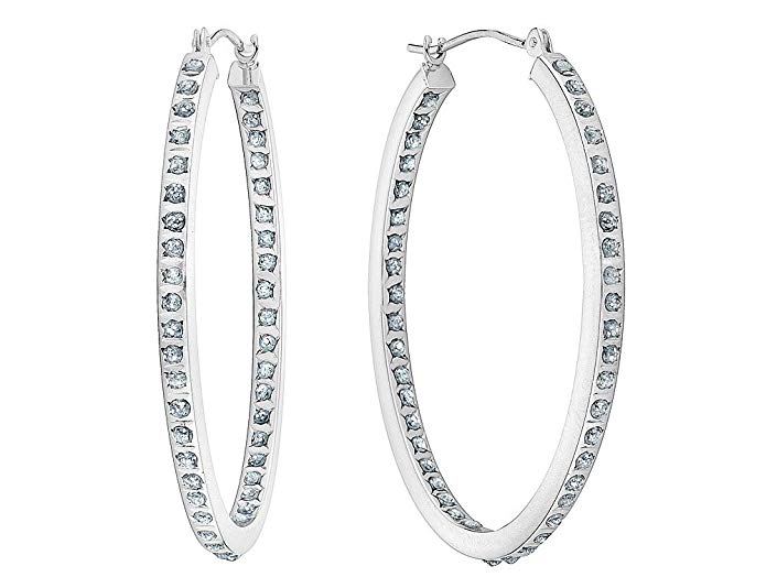 Diamond Oval Hinged Hoop Earrings in 14K White Gold (1 1/3 Inch)