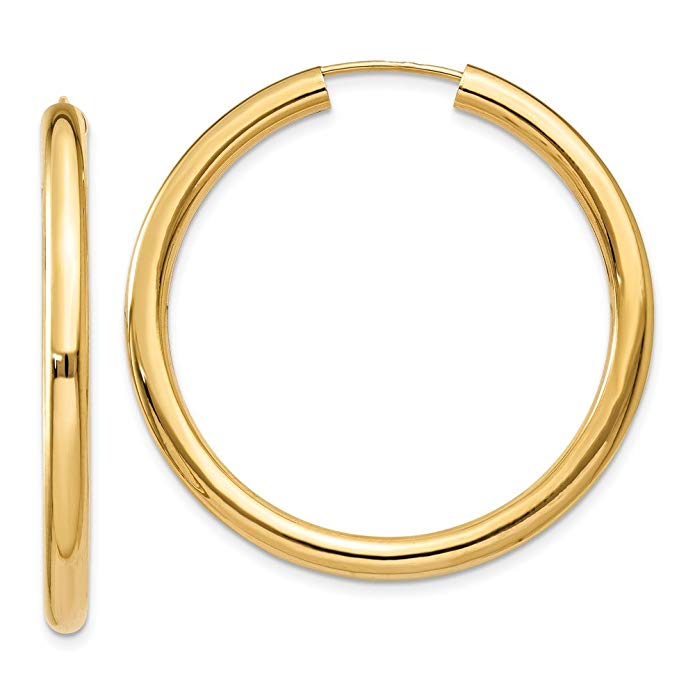 3.0 mm Endless Tube Hoop Earrings in Genuine 14k Yellow Gold - 20 to 54mm