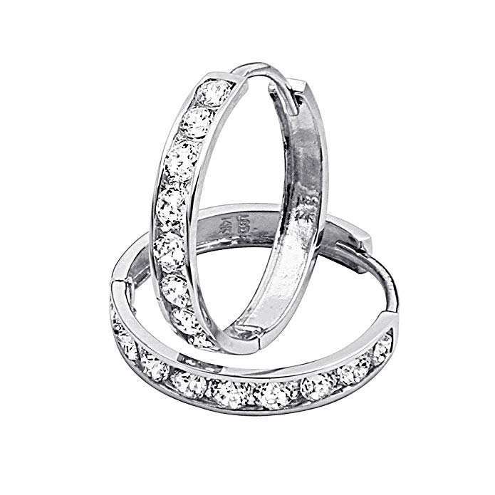 14K White Gold 3mm Thickness 8 stone CZ Channel Set Medium Polished Hoop Huggies Earrings (0.7