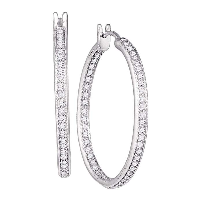 14K White Gold Large Micro Pave Set Round Diamond Classic Round Milgrain Hoop Earrings - (1.00 cttw)