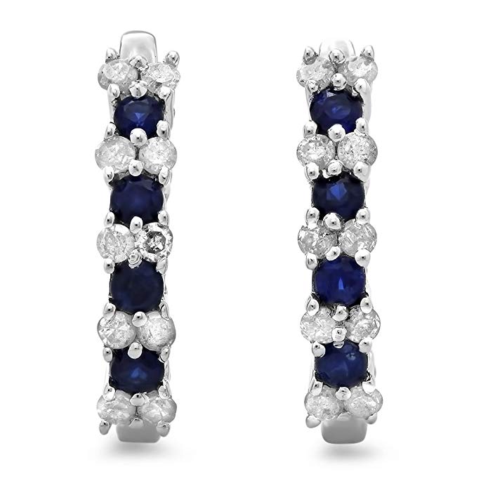 Sterling Silver Round White Diamond & Blue Sapphire Ladies Hoop Earrings