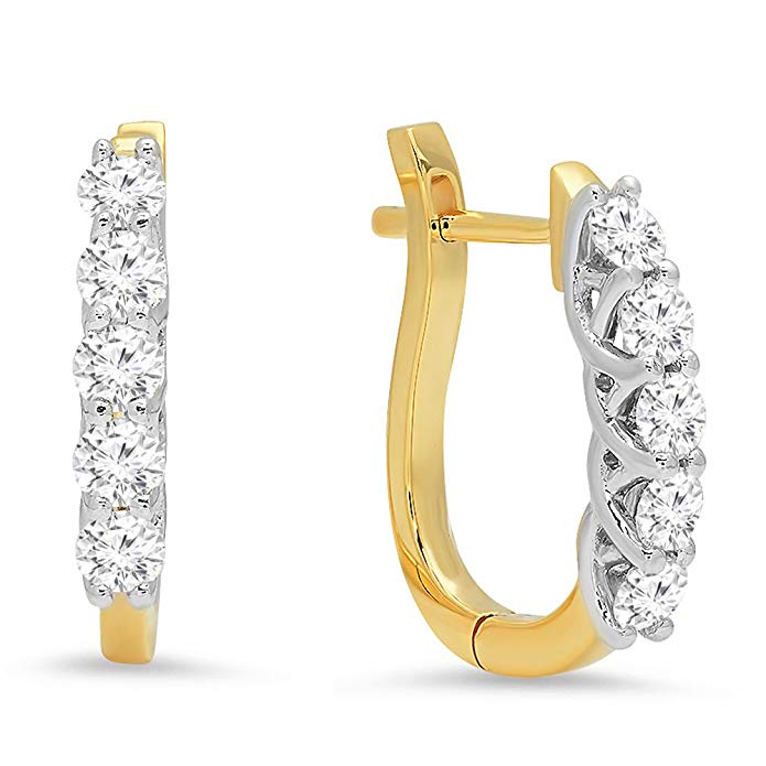 0.55 Carat (ctw) 14K Yellow Gold Round Cut White Diamond Ladies Huggies Hoop Earrings 1/2 CT