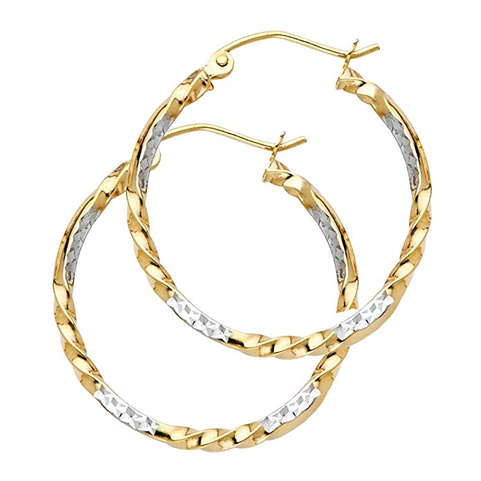 14k Two Tone Gold 2mm Thickness Fancy Twisted Hoop Earrings (20mm Diameter)