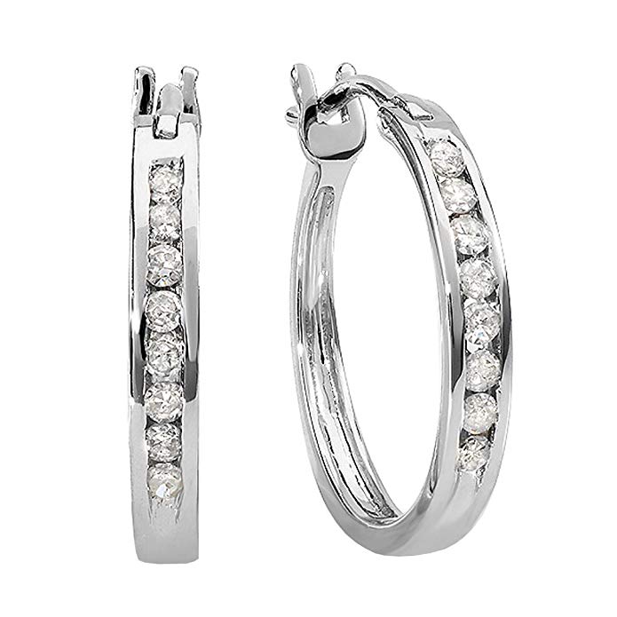 0.20 Carat (ctw) 10K White Gold Ladies Fine Hoop Earrings 1/5 CT