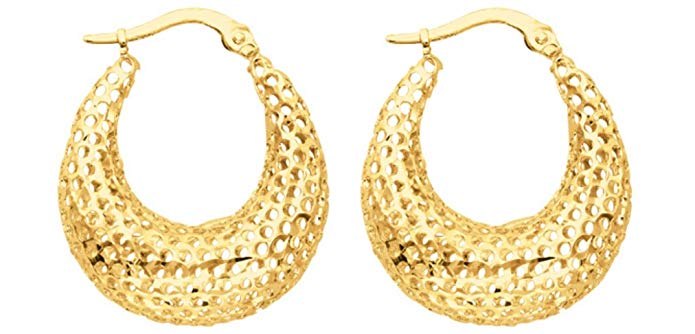 14K Yellow Gold Textured Polished Round Graduated Hoop Mesh Like Sparkle Earrings