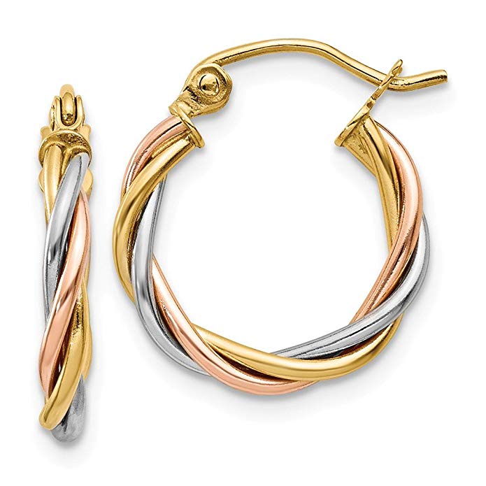 14k Gold Tri-color Polished 2.5mm Twisted Hoop Earrings (0.31 in x 0.1 in)