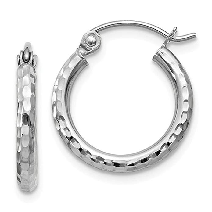 14k White Gold Diamond-Cut Hoop Earrings, (2mm Tube)