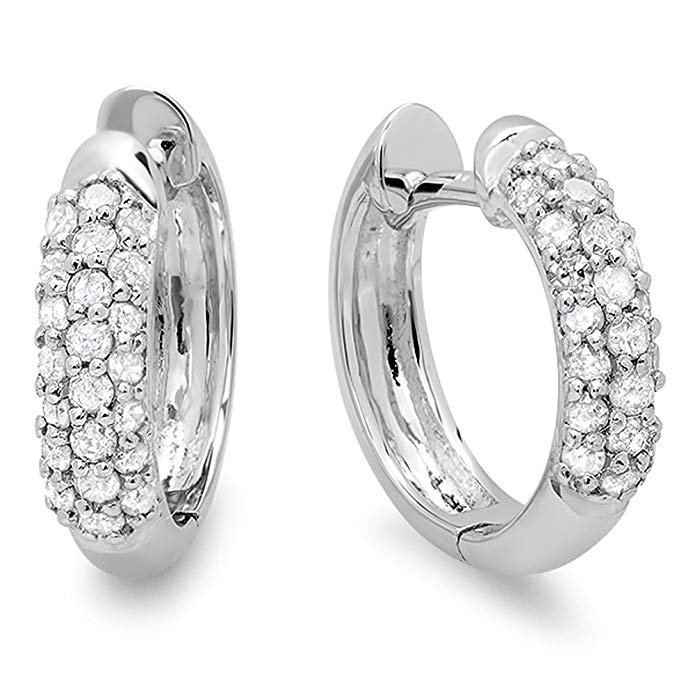 0.30 Carat (ctw) 18K White Gold Ladies Pave Set Huggies Hoop Earrings 1/3 CT