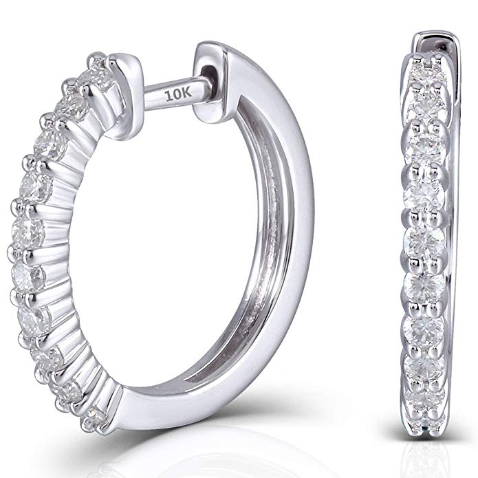 10K White Gold Post 0.7ctw 2mm Moissanite Simulated Diamond Hoop Earrings Platinum Plated Silver