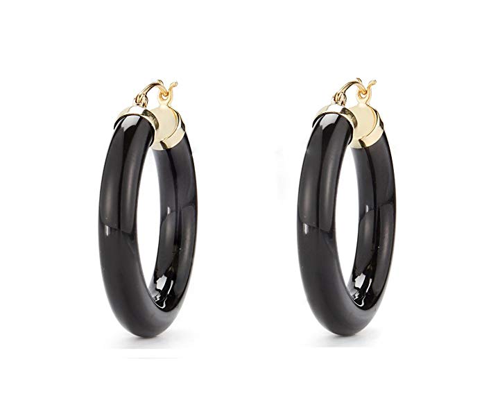 Black Onyx Hoop Earrings 14k Yellow Gold